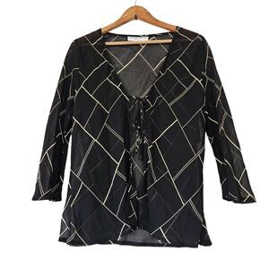 Vtg Donna Ricco Tie Front Blouse Womens 10 Black Beige Check Preppy Boho Sheer